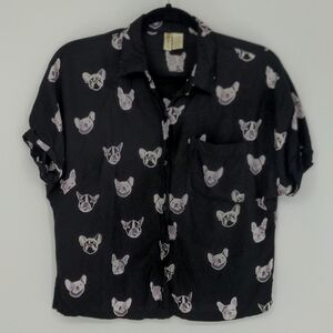 Japna Women's French‎ Bulldog Blouse Size Small Black Button Front Dog